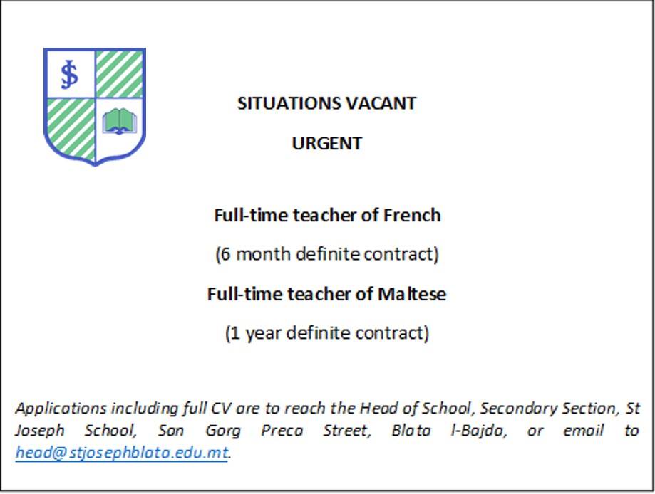 Vacancies for teachers of French and Maltese