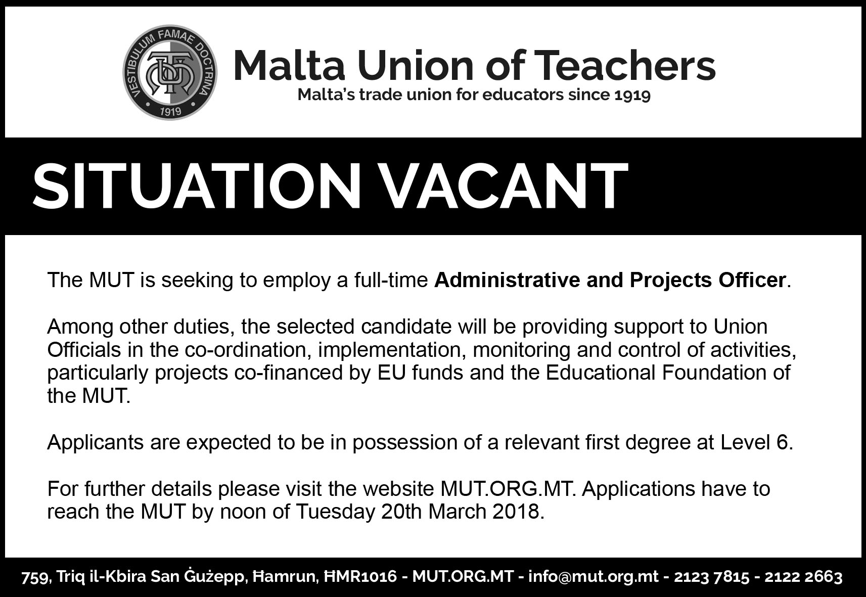 situation-vacant-administrative-and-projects-officer-malta-union-of