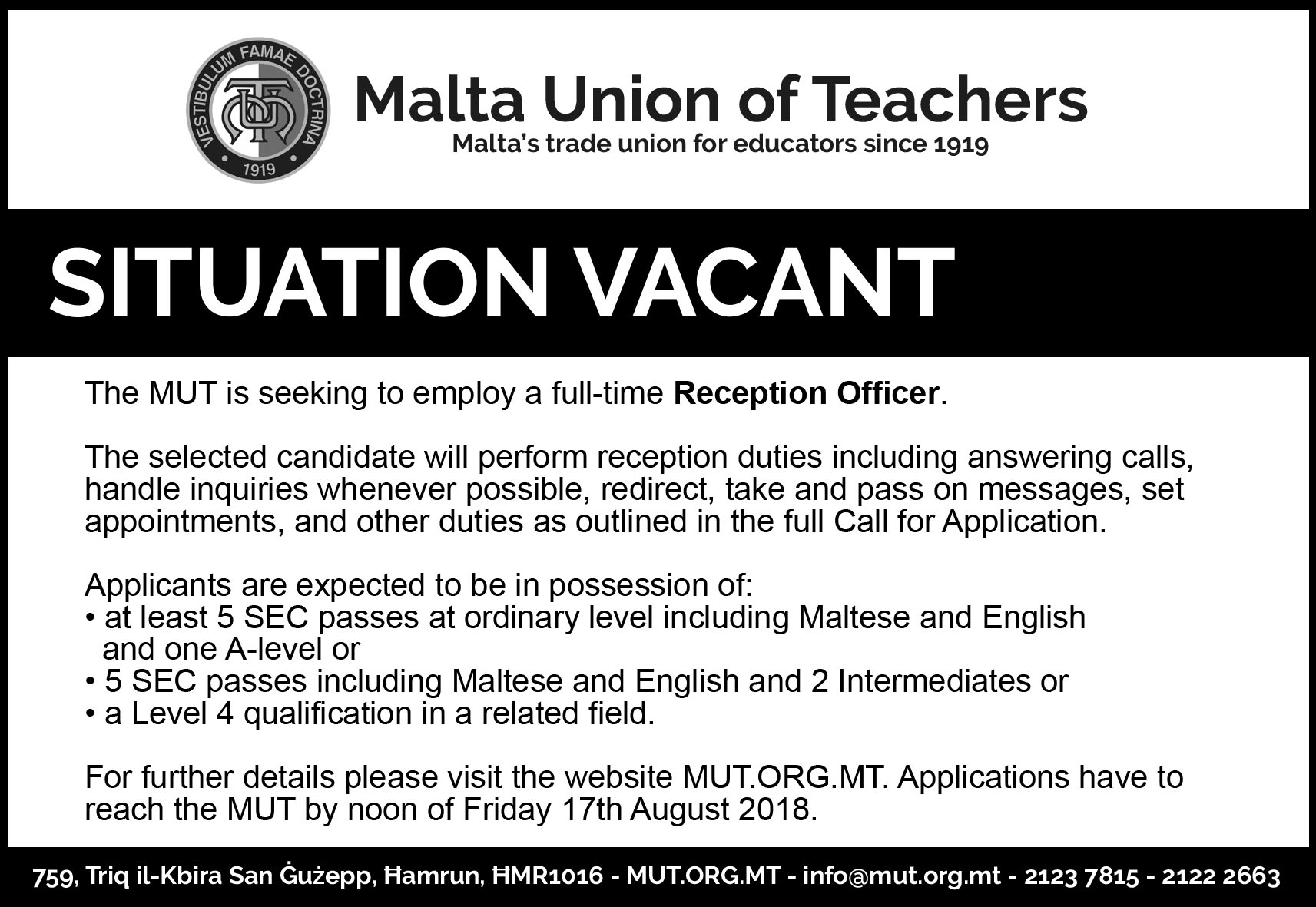 Situation Vacant – Reception Officer