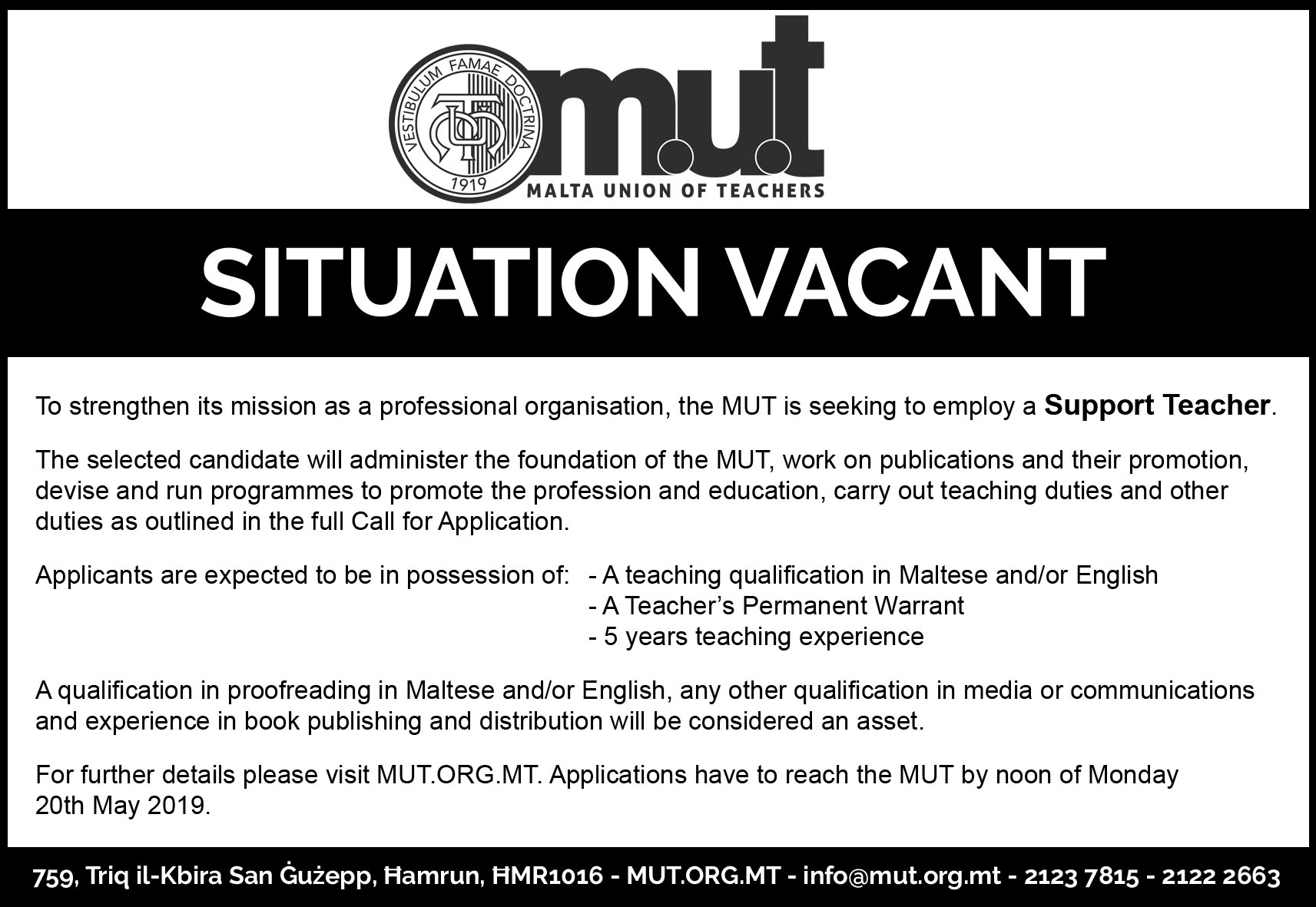 Situation Vacant – Support Teacher