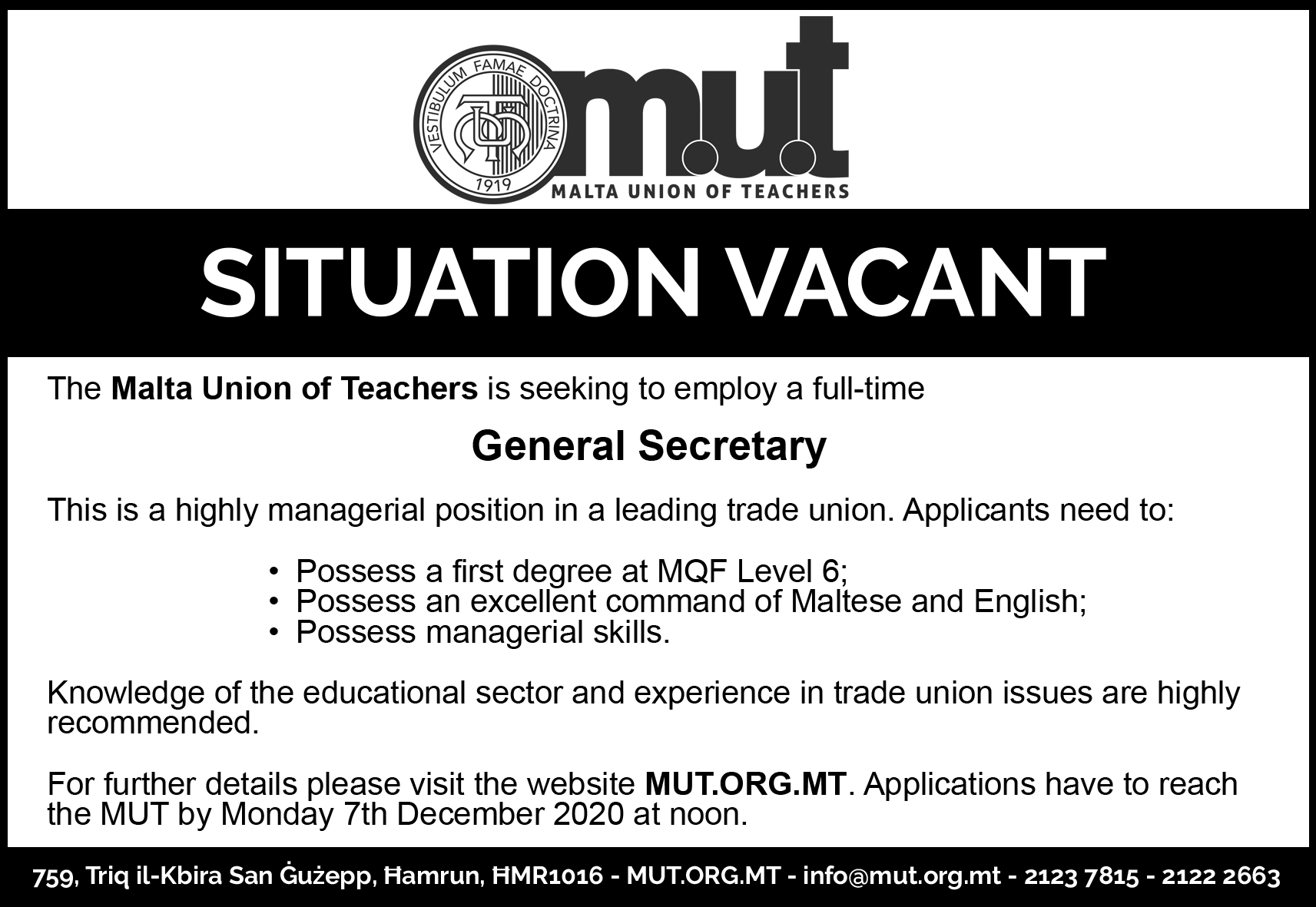 Situation Vacant – General Secretary