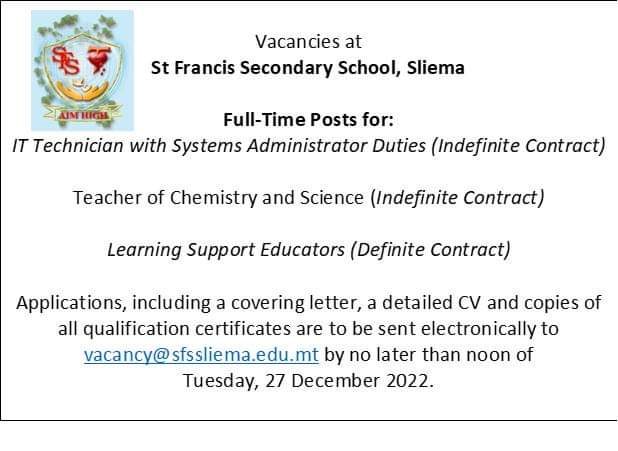 Vacancies at St Francis Secondary School, Sliema